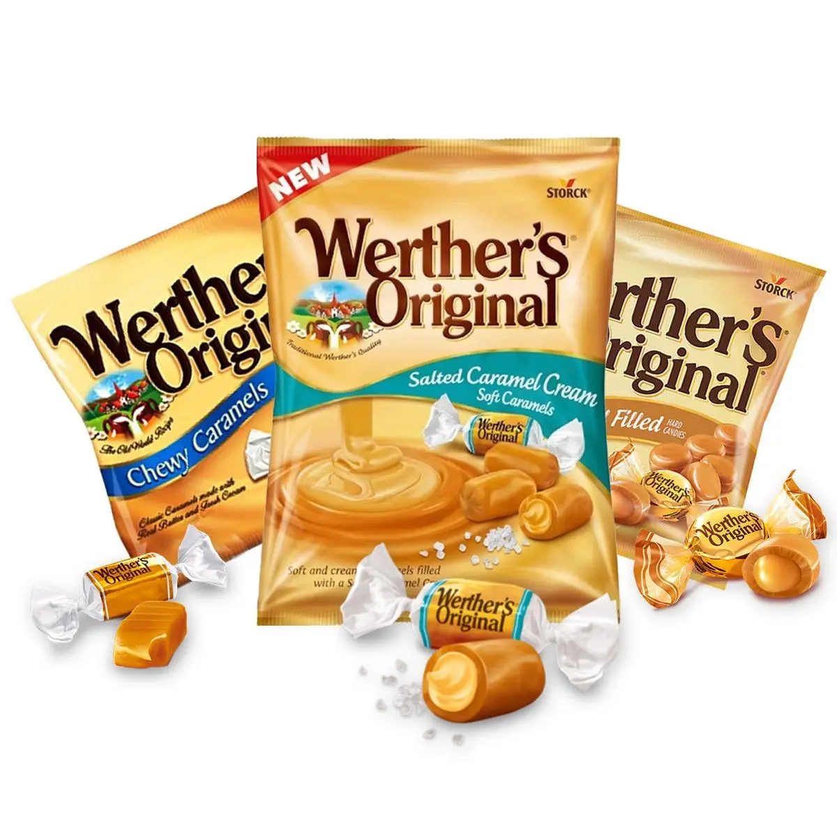Werther's Original Variety Pack - Chewy Caramels, Creamy Caramel Filled Hard Candies, and Original Salted Caramel Candy (Pack of 3)