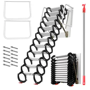 10FT Pull Down Attic Stairs, 12 Step Aluminum-Magnesium Alloy Loft Wall Mounted Stairs, Telescopic Fold Ladder for 27.5 x 23.6 Inch, Up to 880 lbs (Black+White)