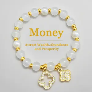Cat's Eye Stone Four-Leaf Clover Crystal Bracelet, Elastic Rope, Shi Family's Niche Pearl Lucky Bracelet