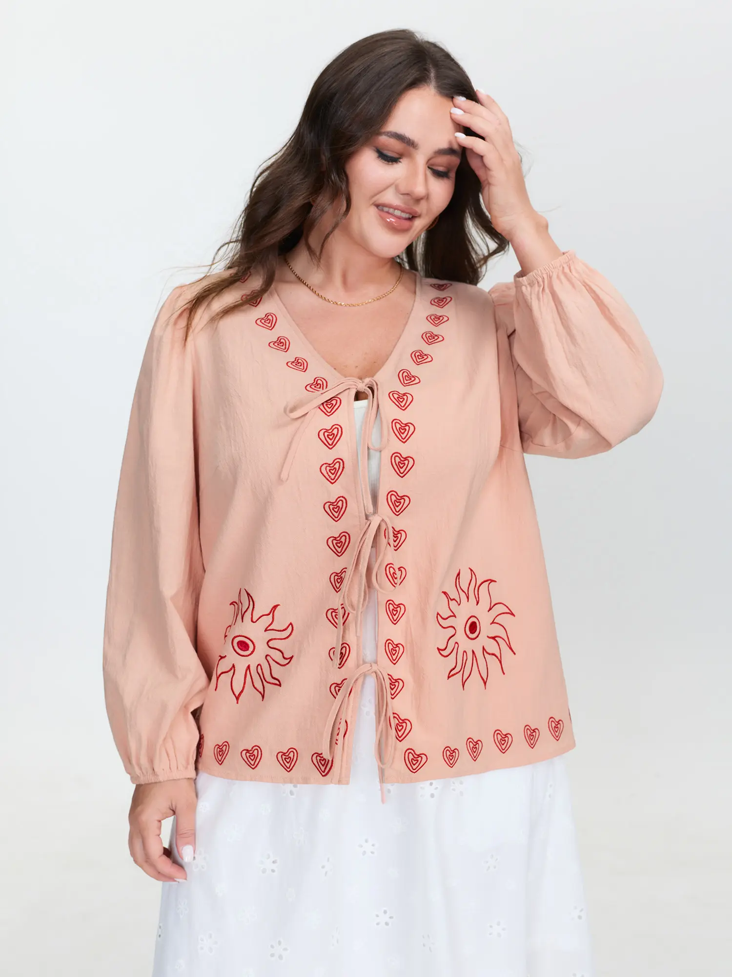 BloomChic Plus Size Boho Blouse, Happy Curves Style Inspo with Star & Moon Embroidery, Smooth Cotton Top with Deep V-Neck and Lantern Sleeves, Spandex, Garment, Fabric, Bohemian Style, Plus Size Tops, Comfy Casual, Chic Curves, Blouse Shirt, Going Out, Oo