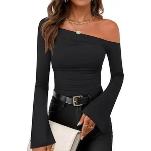 ZESICA Women's Off Shoulder Tops Bell Long Sleeve Shirts 2026 Fall Trendy Going Out Ruched Tight Fitted Y2K Clothes