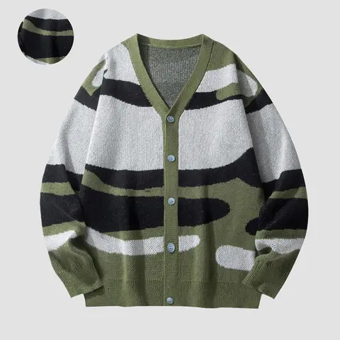 SAND SOUND Women's Oversized V-Neck Longsleeves Knit Cardigan - Button-Down Fall Casual Coat, Vintage Camo Wavy Color Block Slouchy Jumper, Y2K Grunge Streetwear Comfortable Fit Piece, Ideal for Autumn Jeans for Women