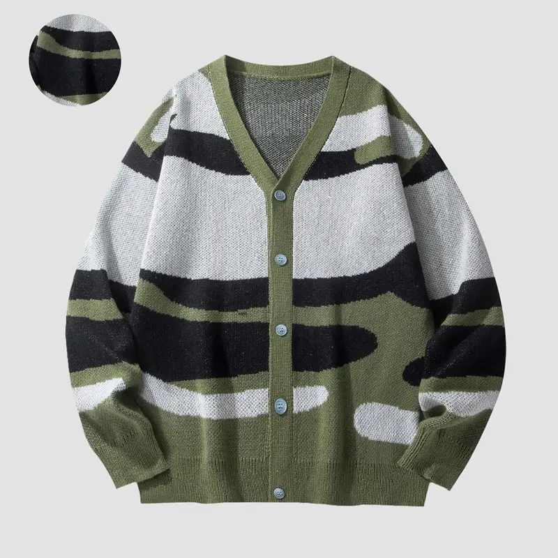 SAND SOUND Women's Oversized V-Neck Longsleeves Knit Cardigan - Button-Down Fall Casual Coat, Vintage Camo Wavy Color Block Slouchy Jumper, Y2K Grunge Streetwear Comfortable Fit Piece, Ideal for Autumn Jeans for Women