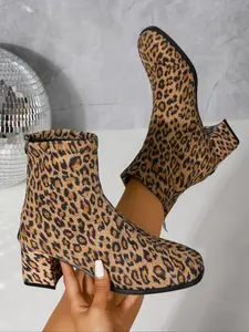 Leopard Print Ankle Boots with Zipper, Elegant Versatile Fashion High Heels, Mid-Calf Stretchy Booties for Women