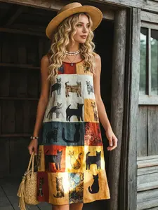 Vintage Patchwork Cat Print Sleeveless Dress, Bohemian Loose Fit Summer Skirt, Casual Fashion for Women, Comfortable and Stylish