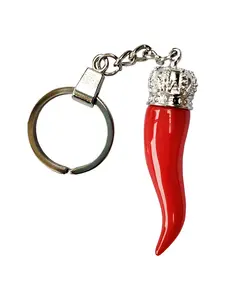 Italian Horn Keychain - Red with Silver Chain Double Ring Design for Protection Against Evil Eye & Fertility Promoting Talisman