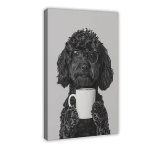 Black Goldendoodle Coffee _ Bar Decor, Funny Doodle Dog,Pet Portrait Wall Decor, Rustic Canvas Print for Pet Lovers.