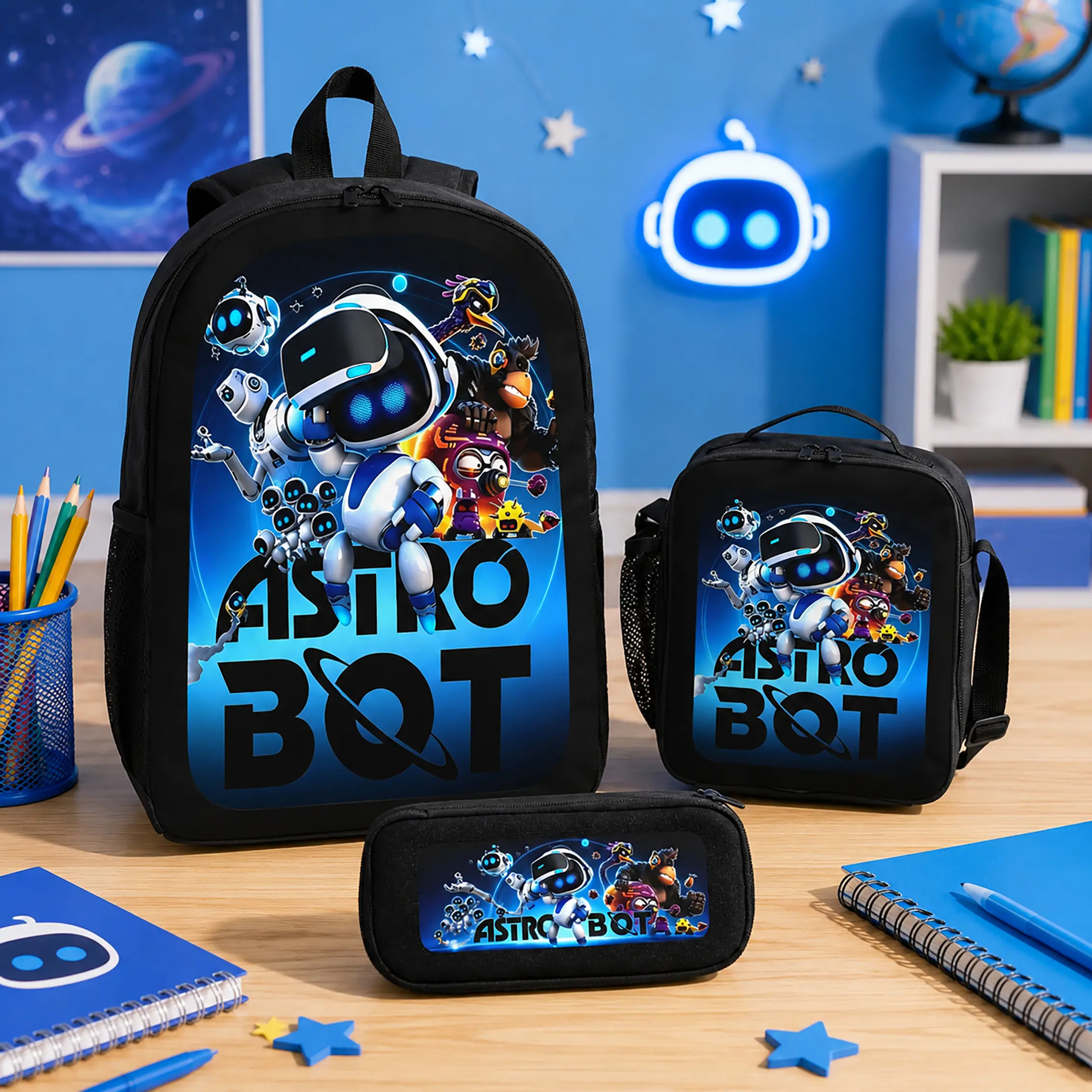 Astro Bot 3 Piece Backpack Set Pencil Case Lunch Bag Backpack Large Capacity Breathable Casual Backpack for School Backpacks for Women Men Travel Backpack Set Cartoon Anime Style School Bag Set