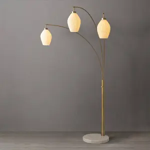 Santa Clara Bone Porcelain 3 Light Arc Floor Lamp - 85", Weathered Brass and Walnut, 4-Way Rotary Switch, Marble base