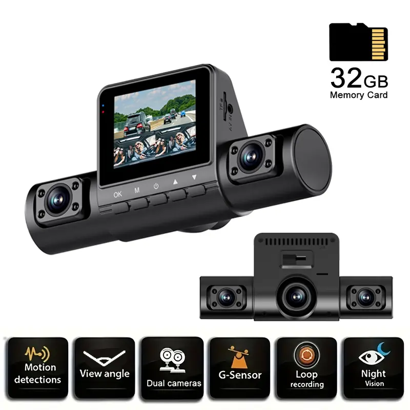 Car Dash Cam 3 Channel Dash Cam with 32G Memory Card, Rotatable Lens Car DVR Camera, front left and right car camera,Loop Recording Car DVR Camera, Wide Angle Dashboard Camera, HD Dash Camera, Dashcam For Cars