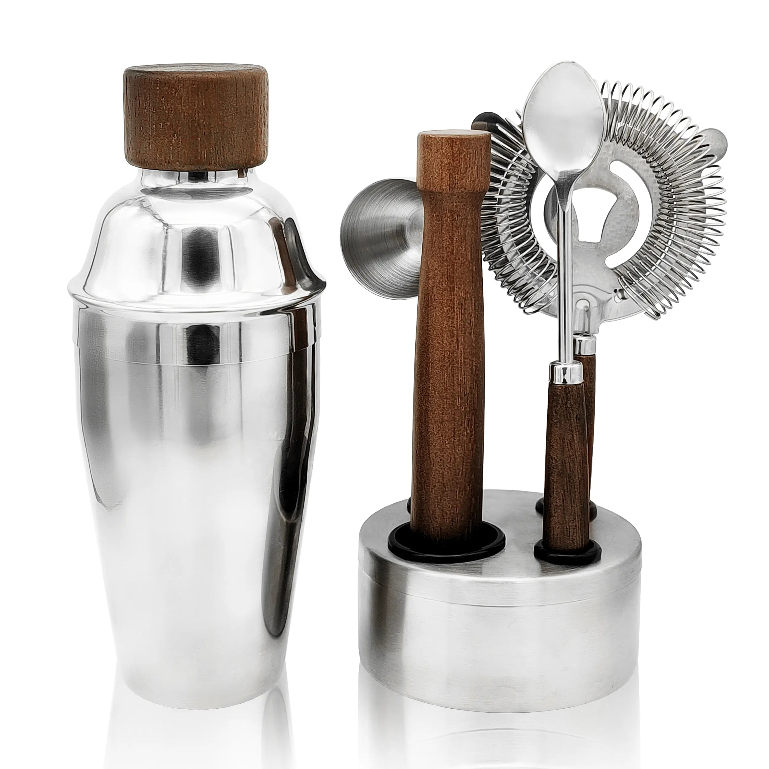 6 PCS Round Stainless Steel Home Bar Tool Set - 550ml Shaker, Double Jigger, Stirrer, Spoon, Strainer, Bottom Stand, Kitchen Bartender Kit for Mixing Cocktails, Party Celebration, Wood