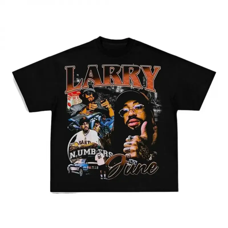 Graphic T-shirt✨ LARRY JUNE Tee – Short Sleeve Cotton Crewneck Graphic T-Shirt, Casual Tropical Streetwear Top, Unisex Menswear, Oversized Summer Hip-Hop Inspired Tee