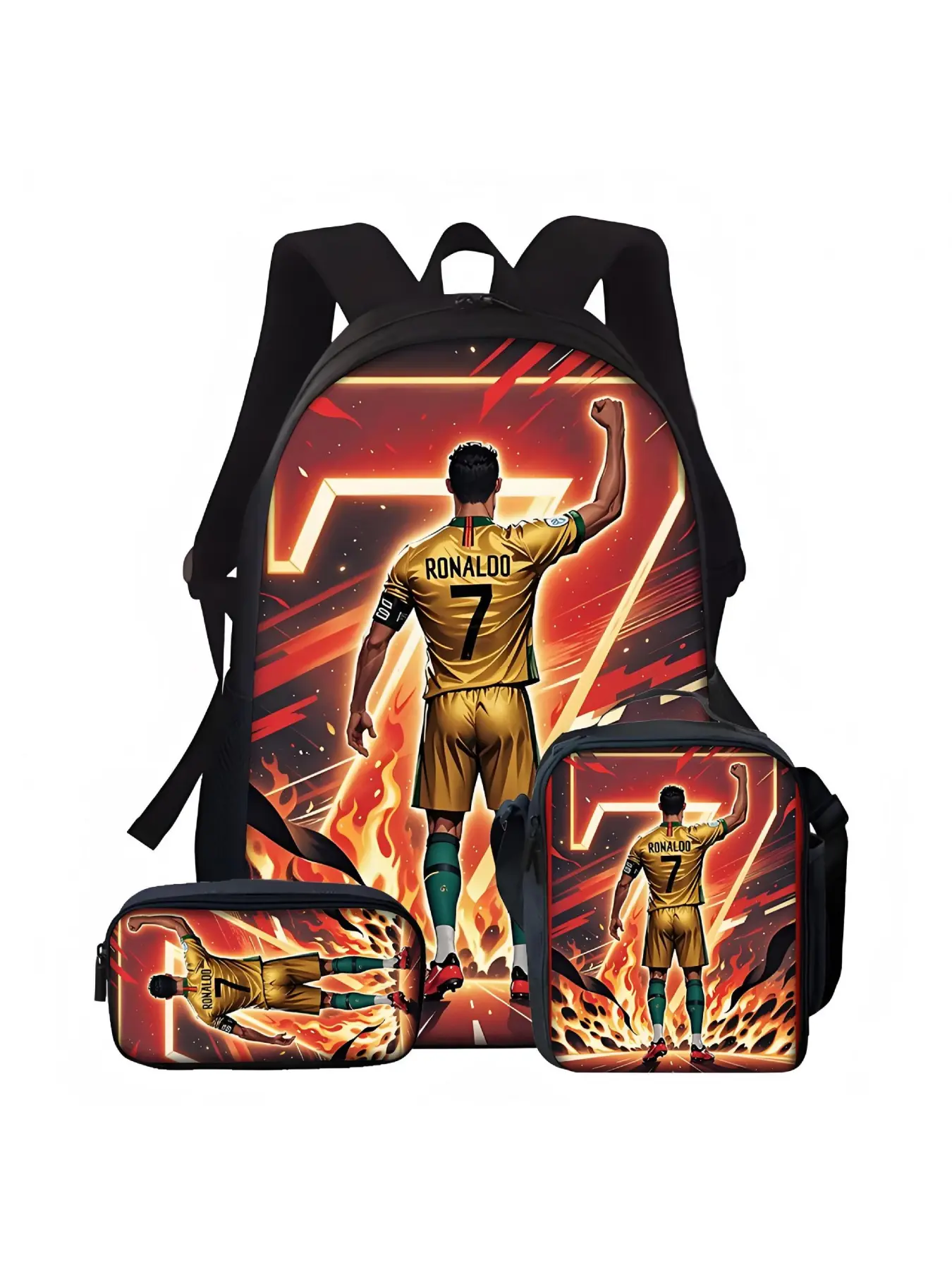 Back to School Gift 3pcs School Backpacks No. 7 Football Player Silhouette Print Bookbag/Booksack/School Bag with Lunch Box & Pencil Bag for Elementary to Middle Backpack Set