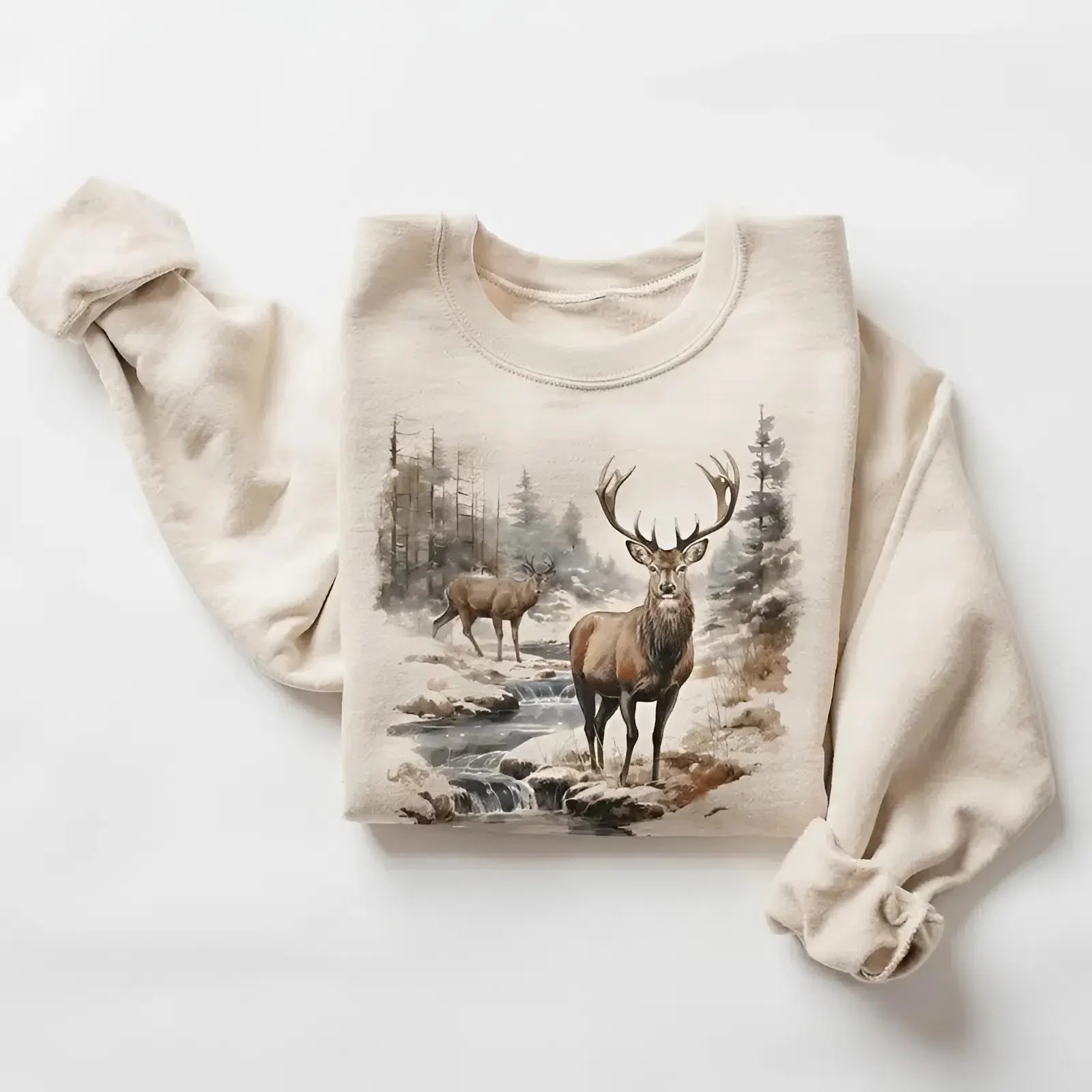 Retro Deer Wilderness Scene Sweatshirt, Vintage Buck And Doe Deer Outfit, Boho Unisex Crewneck Sweatshirt, funny shirt, summer outfit, vacation outfit, vintage graphic tee, gift for men and women
