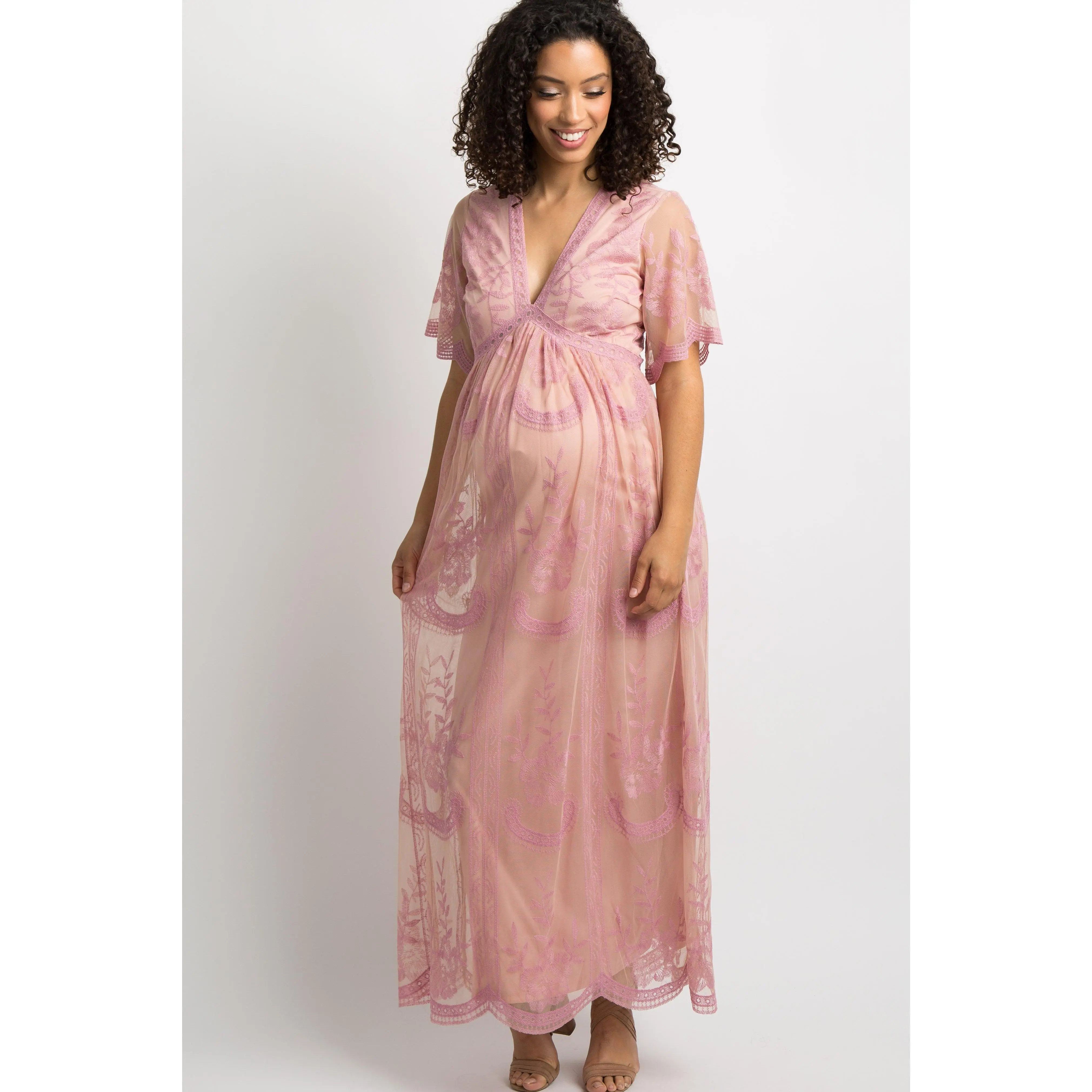 Pink Lace Mesh Overlay Maternity Maxi Dress