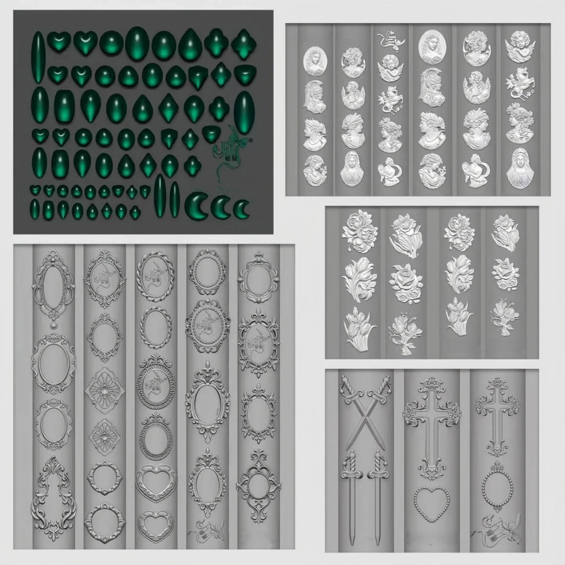Vintage Gem Frame Roman Figure Baroque Shell Carving Floral 3D Nail Art Decoration Transparent Silicone Mold Nail Tips Nail Art Products
