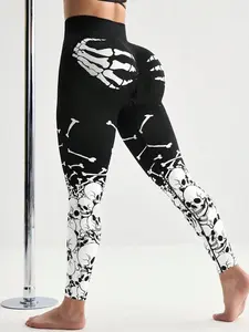 Skeleton Halloween Leggings, Spooky Skeleton Design, Comfortable Stretch Fabric, Perfect For Halloween Parties, Casual Wear, Fitness, Plus Sizes Available