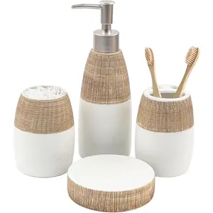 Bathroom Accessories Set,4 Pcs Ceramic Bathroom Decor Accessory,Includes  Holder,  Cup, Soap Dish for Decorative Countertop and Housewarming , (Brown White)