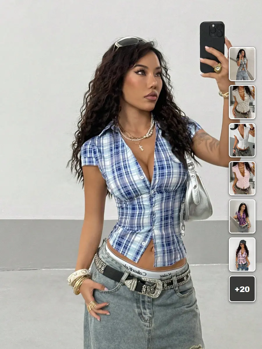 Plaid Top Blue Cap Sleeve Fitted Streetwear Y2K Casual Everyday Outfit