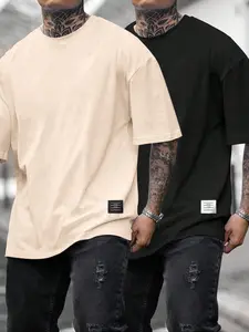 Men's Letter Patched Drop Shoulder Tee, Spring & Summer Clothes, Regular Fit Casual Half Sleeve Round Neck T-Shirt for Summer, Men's Top for Daily Wear