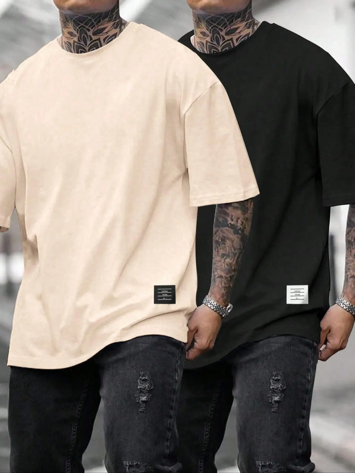 Men's Letter Patched Drop Shoulder Tee, Spring & Summer Clothes, Regular Fit Casual Half Sleeve Round Neck T-Shirt for Summer, Men's Top for Daily Wea