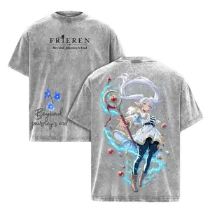 Frieren Anime Washed Tee Beyond Journey’s End Graphic T-Shirt S-4XL-5XL, Vintage Manga Fantasy Shirt, Retro Double-Sided Water Wash T-Shirt, Magic Girl Character Back Print, Unisex Anime Fan Gift