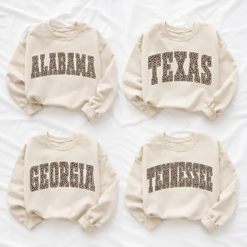 Leopard 50 States Sweater, Custom Any State Name Pullover Sweatshirt, College Leopard Print Shirt, Personalized State Gift for Her, Unisex Cotton Crewneck, Trendy Varsity Style Top