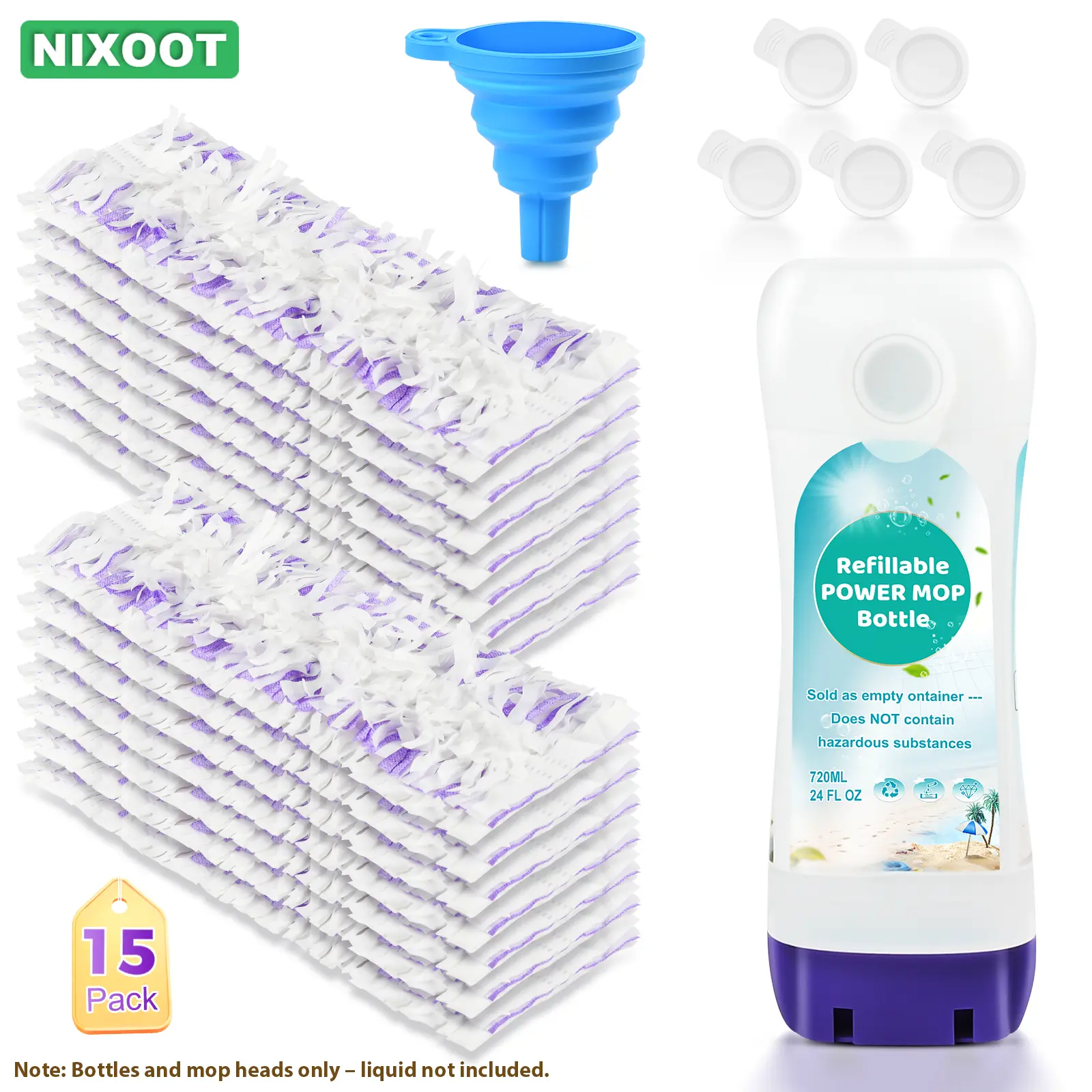 22-Piece Swiffer Powermop Mop Accessory Set, including 15 Powermop mop pads, 1 reusable water bottle, 5 mop pads, and 1 funnel. Features thickened mop pads and a leak-proof, snap-on water bottle design