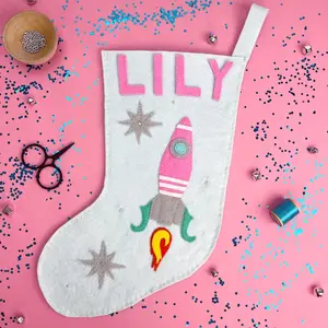 Handmade Wool Blend Felt Pink Rocket Christmas Holiday Stocking