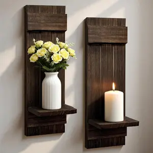 Set of 2 Candle Sconces - Farmhouse Dark Brown Wooden Wall Candle Holder, Handmade Wood Art Decor for Living Room Dining Room Bathroom Bedroom Entryway