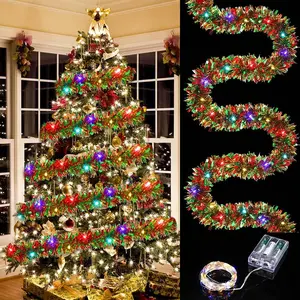1PC Christmas Tinsel Garland Light,Christmas Tree Decorations Silver Foil Tinsel Garland  Hanging Garland, Battery Powered Colorful Tree Garland, Party Lighting Decoration , Indoor & Outdoor Decoration Supplies for Party Festival