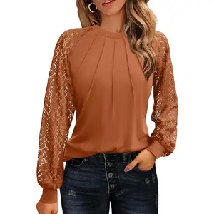 Women's A-Army Green Round Neck Long-Sleeve Lace Cuffed Pleated Front Floral Blouse - Lightweight Elegant Fall Top, Dressy Casual & Business Work Wear, A-Army Green (Long Sleeve)
