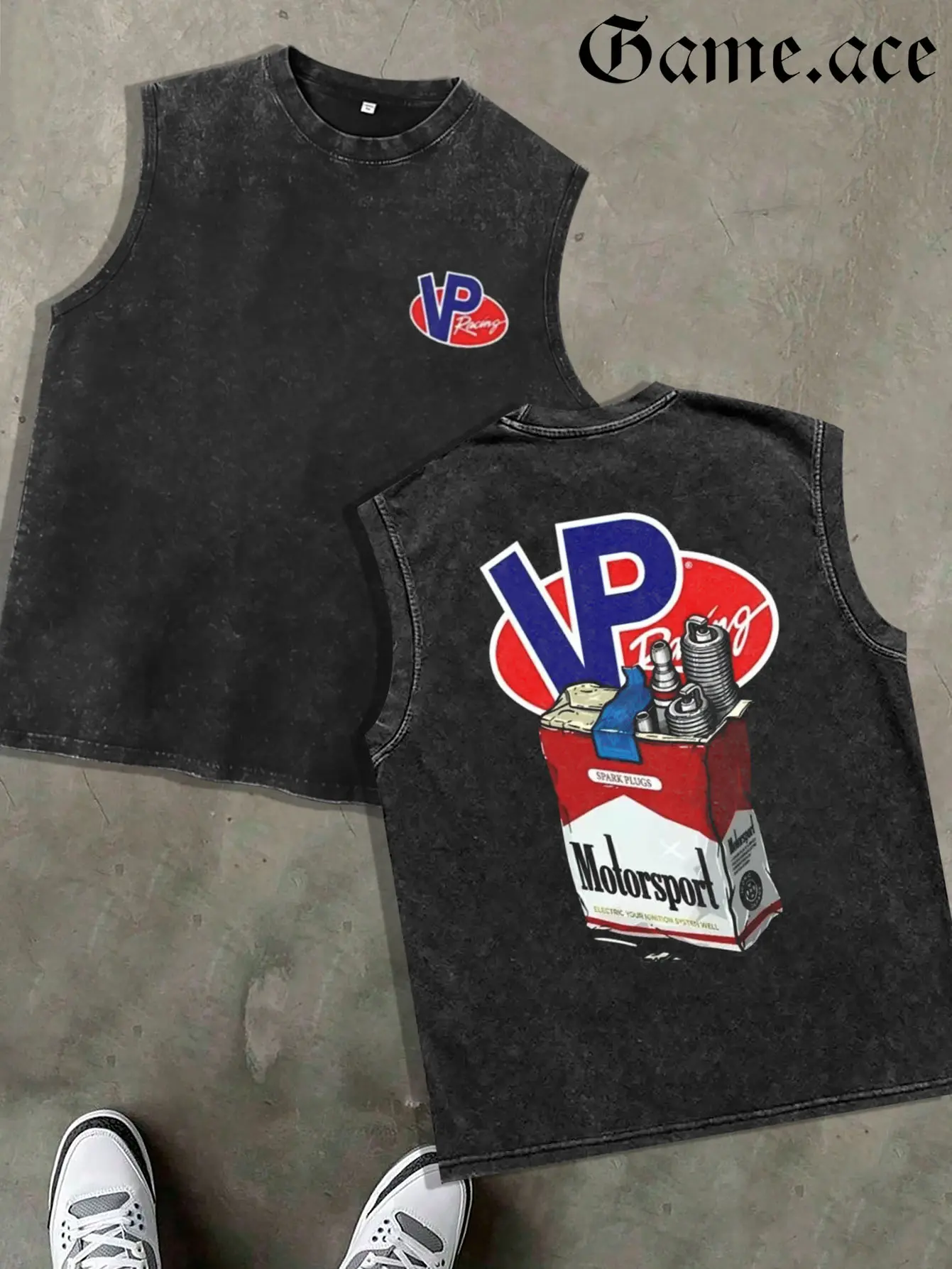 1 PCS GAME.ACE Retro Washed Black Sleeveless Tank Top, VP Racing Logo & Motorsport Cigarette Pack Graphic Print, Casual Streetwear, 100% Cotton Breathable Unisex Vest, Ideal for Daily Wear, Car Meets, Casual Outings,Great Gift for Racing Fans
