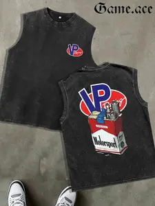 1 PCS GAME.ACE Retro Washed Black Sleeveless Tank Top, VP Racing Logo & Motorsport Cigarette Pack Graphic Print, Casual Streetwear, 100% Cotton Breathable Unisex Vest, Ideal for Daily Wear, Car Meets, Casual Outings,Great Gift for Racing Fans