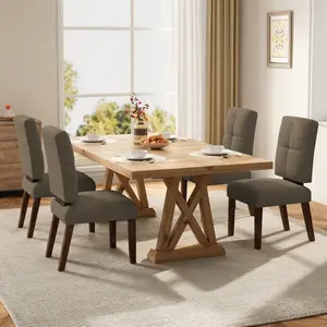 Wooden Dining Chairs Set of 4, Modern Upholstered Dining Room Chairs with Rubberwood Legs & Widened Thickened Cushion, Breathable Linen Fabric Kitchen Chairs for Farmhouse/Living Room/Dining Room, Coffee