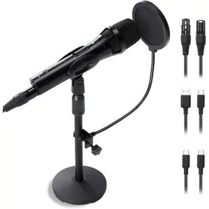 USB/XLR Podcast Dynamic Microphone, Professional Metal Dynamic Studio Singing Recording Microphone with Mic Gain, Desktop Stand, Pop Filter, Headphone Jack, for PC, Audio Interface, Mixer, MacBook