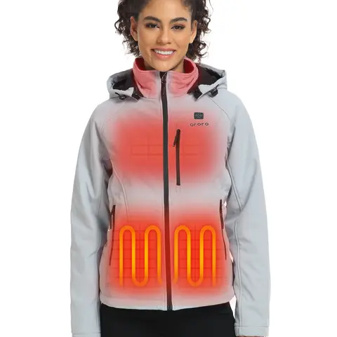 ORORO Women's Classic 4-Zone Heated Jacket 2.0 - Female Long Sleeve Hooded Water & Wind Resistant Softshell Coat, Rechargeable Battery-Included Sports Outerwear Casual Coats, Machine Washable