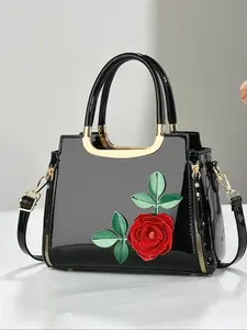 Women's Elegant Rose Embroidered Handbag, Fashionable Large Capacity Shoulder Bag for Daily Used, Casual Trendy Versatile High-quality Daily Commuting Bag, Floral Embossed Handbag