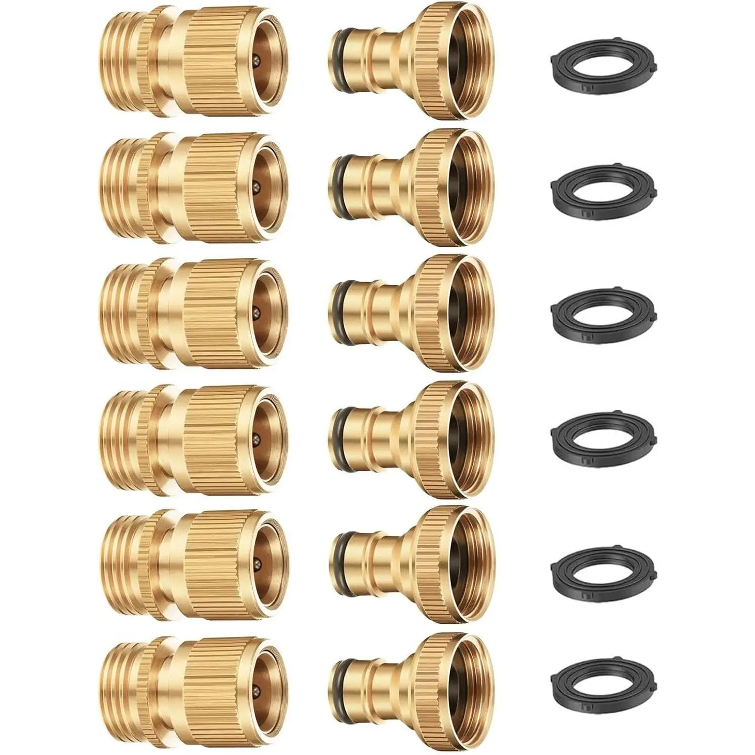 3/4 Inch Solid Brass Garden Water Connectors - Leak-Proof Seal, Heavy-Duty Quick Connect Fittings (Female & Male) for Garden Hoses & Reels (6 Sets)