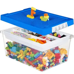 Bins with Lids - 1 Set Stackable Arts Crafts Organizer Box with Removable Divided Tray &Compatible Building Baseplate,Toy Chest Containers for Bricks -Blue(14.37"x9.64"x6.69")