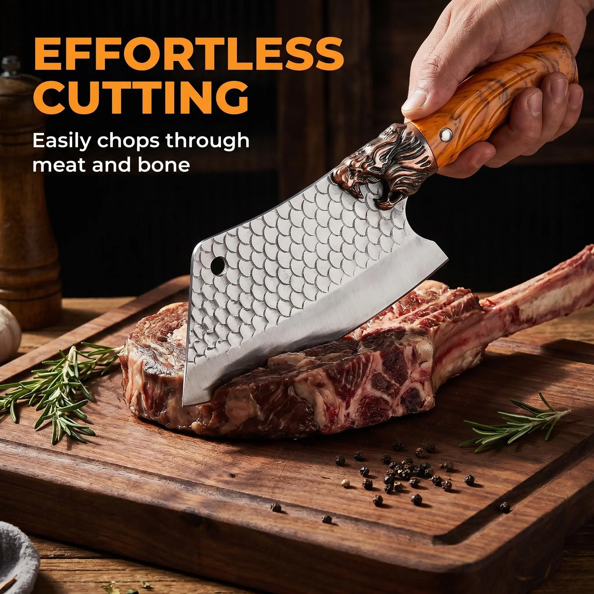 Outdoor Camping Cleaver - Forged Steel Blade, Yellow Sandalwood Handle, 31cm Heavy-Duty Portable Kitchen Cutlery for Hiking/Light Outdoor, Ideal for Chopping Meat & Vegetables for Nature Lovers