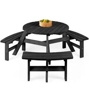 Best Choice Products 6-Person Circular Outdoor Wooden Picnic Table w/ 3 Built-In Benches, Umbrella Hole