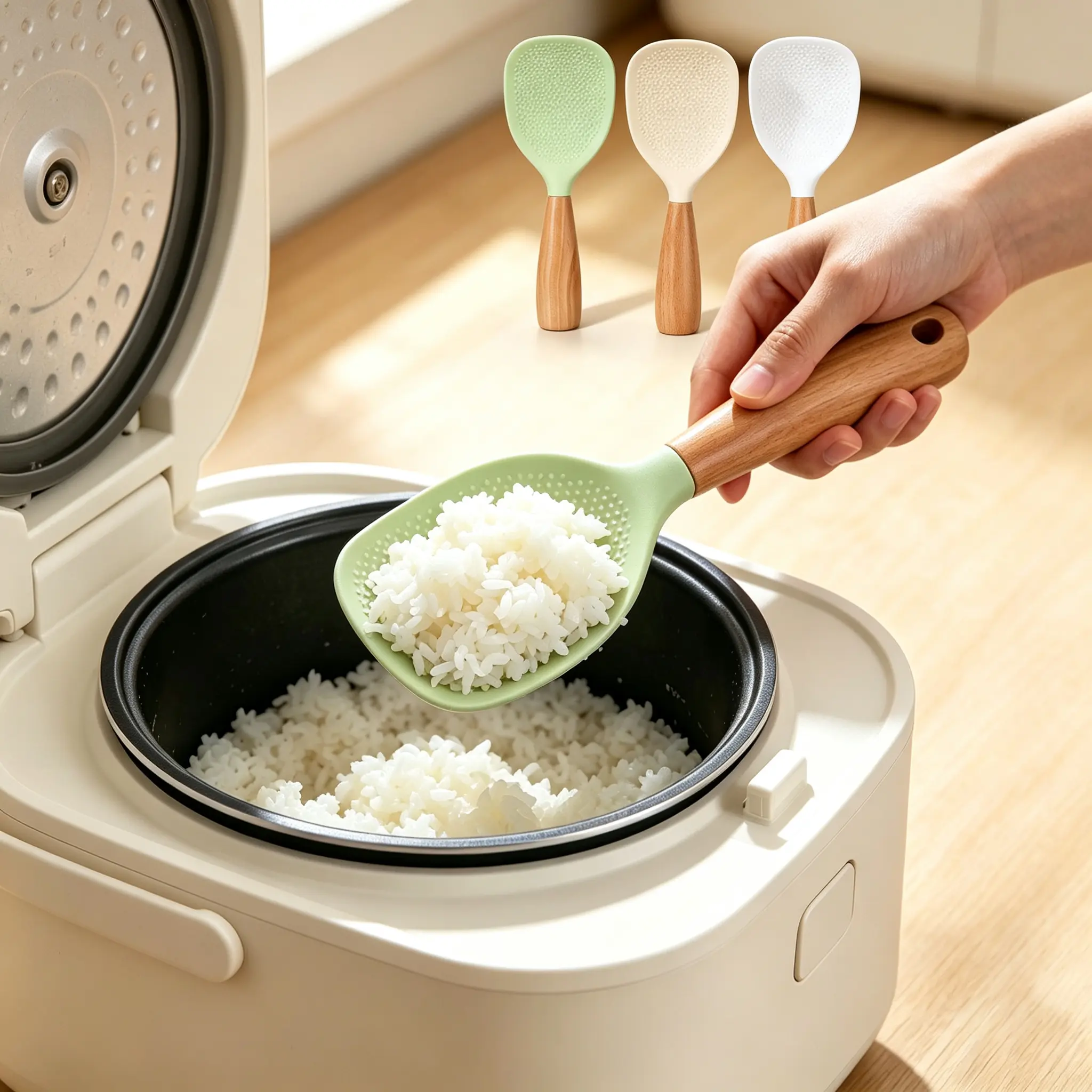 Wooden Handle Insulated Silicone Solid Spoon, Heat-Resistant Non-Stick Kitchen Utensil for Rice Cooker Serving & Mixing, Safe for Nonstick Cookware Home Use, Restaurant