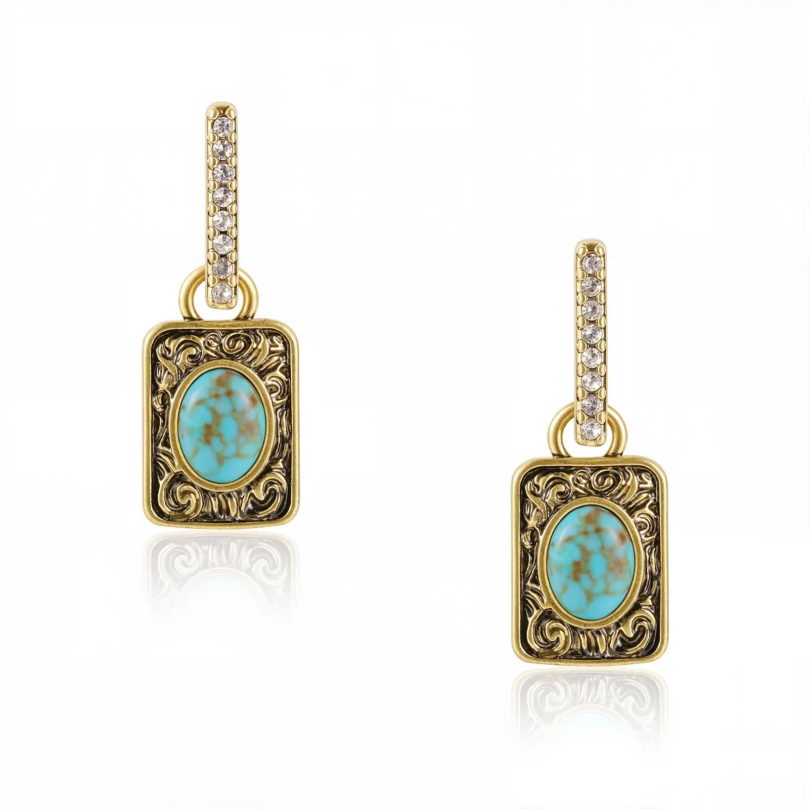 Wrangler Western Boho Turquoise Drop Earrings for Women Vintage Engraved Rectangle Dangle Earrings Lightweight Cowgirl Statement Jewelry, Western Accessories, Any Occasion, Daily, Western Jewelry, Boho Western