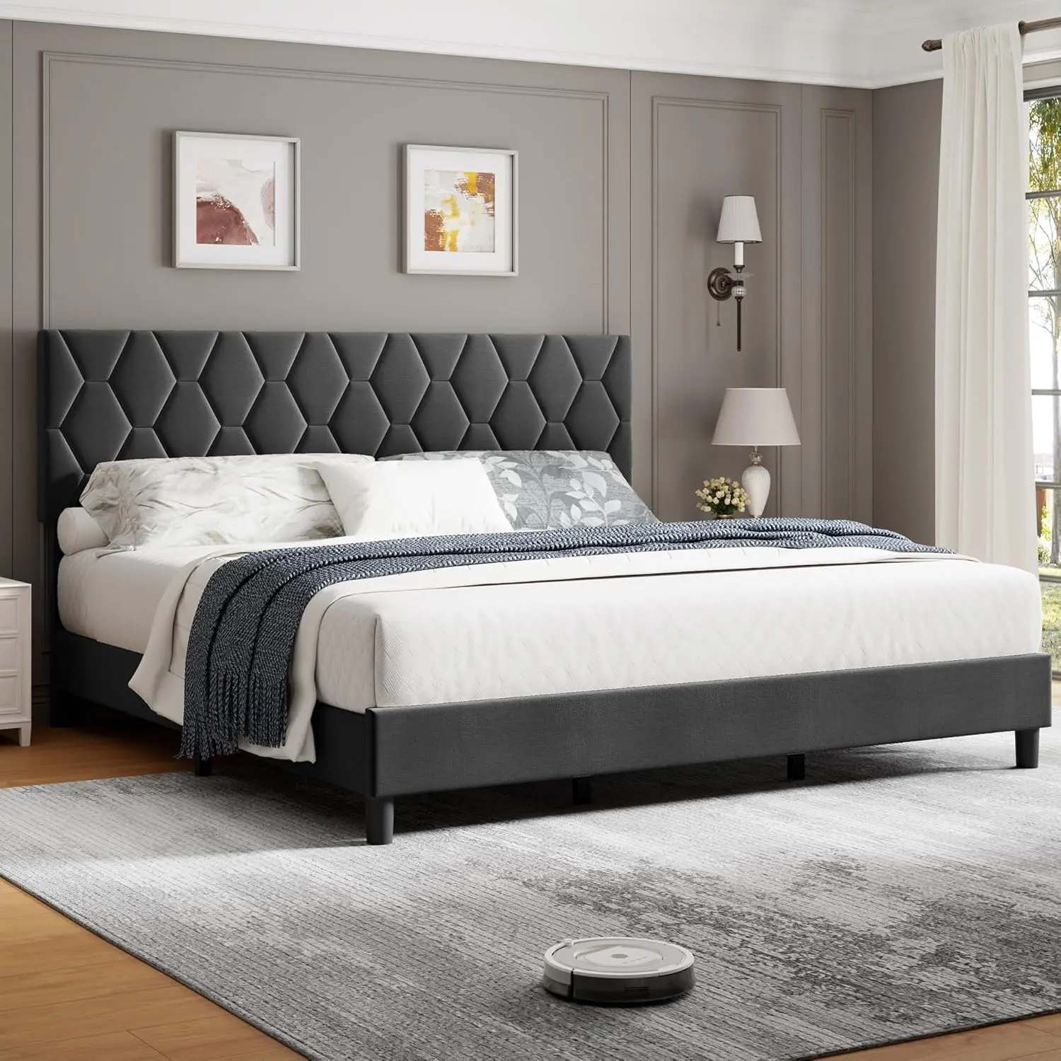 Gaomon King Size Bed Frame, Upholstered Platform Base with Adjustable Headboard, Heavy-Duty Wooden Slats, Grey Contemporary Diamond Block Design Indoor Furniture, No Box Spring Needed, Simple Set-Up