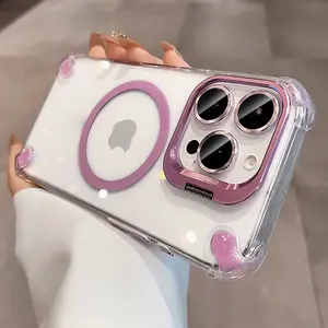 Stand for a 4-Corner Camera Holder with a Lens Film Case, Compatible with for apple iphone Models 17 16 Pro Max, 15, 14, 13, 12, And 11. It Features a Transparent Hard PC Design And Supports Magnetic Wireless Charging