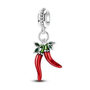 MULA 925 Silver-plated Red Chili Pepper Enamel Pendant - Fun Lucky Beads Symbolizing Passion, Energy and Protection, Fits Pandora Bracelets and Necklaces - Gift for Women and Girls