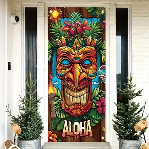 Hawaiian Tiki Door Cover Banner, Aloha Tropical Mask Polynesian Island Art, 71x35 Inch Door Cover for Luau Party, Summer Beach Home Entryway Decor, Party Decoration Supplies