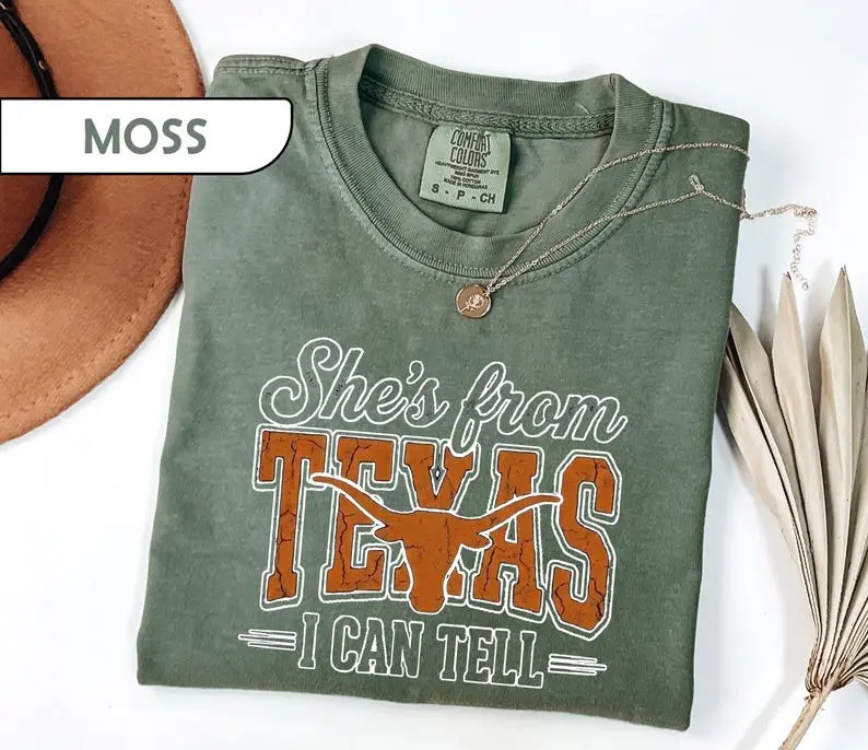 Comfort Colors She's From Texas Heritage Graphic Tee, Aesthetic Country Spirit Shirt, Radiant Retro Western Longhorn Top, Thoughtful Regional Pride Heritage Apparel