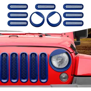 Mesh Grille Grill Insert+Headlight Turn Light Cover Trim Fit for 2007-2018 Jeep Wrangler JK JKU(Pink,Style A)